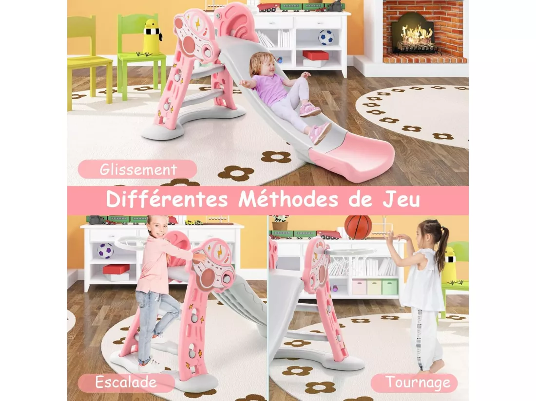 3 en 1 Toboggan Enfant Pliant en HDPE avec Glisse 114cm & Motif UFO, Aire de Jeux Polyvalent Intérieur Extérieur avec Panier de Basket & Ballon, Charge 20kg pour Enfants de 18 Mois+