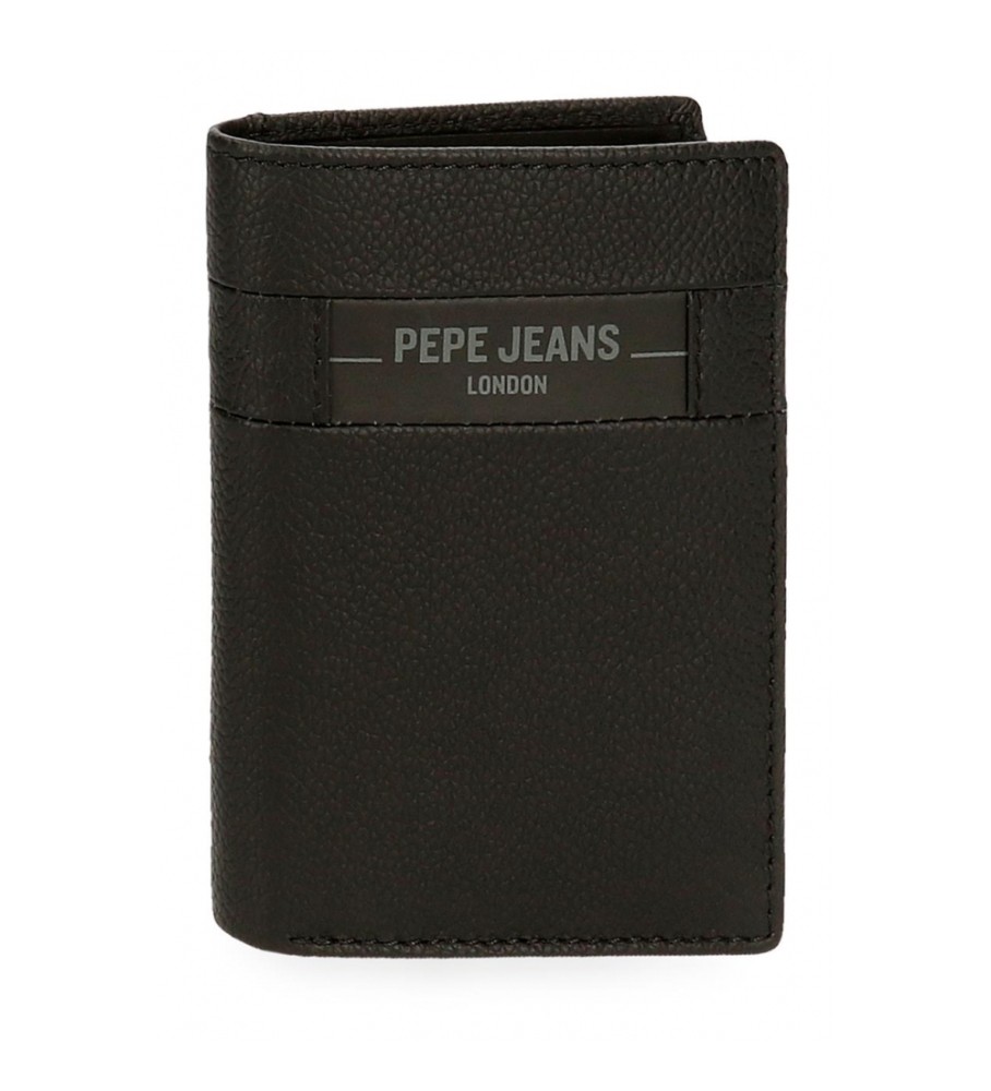 Carteira Pepe Jeans Vertical Checkbox em couro com porta-moedas, preta.