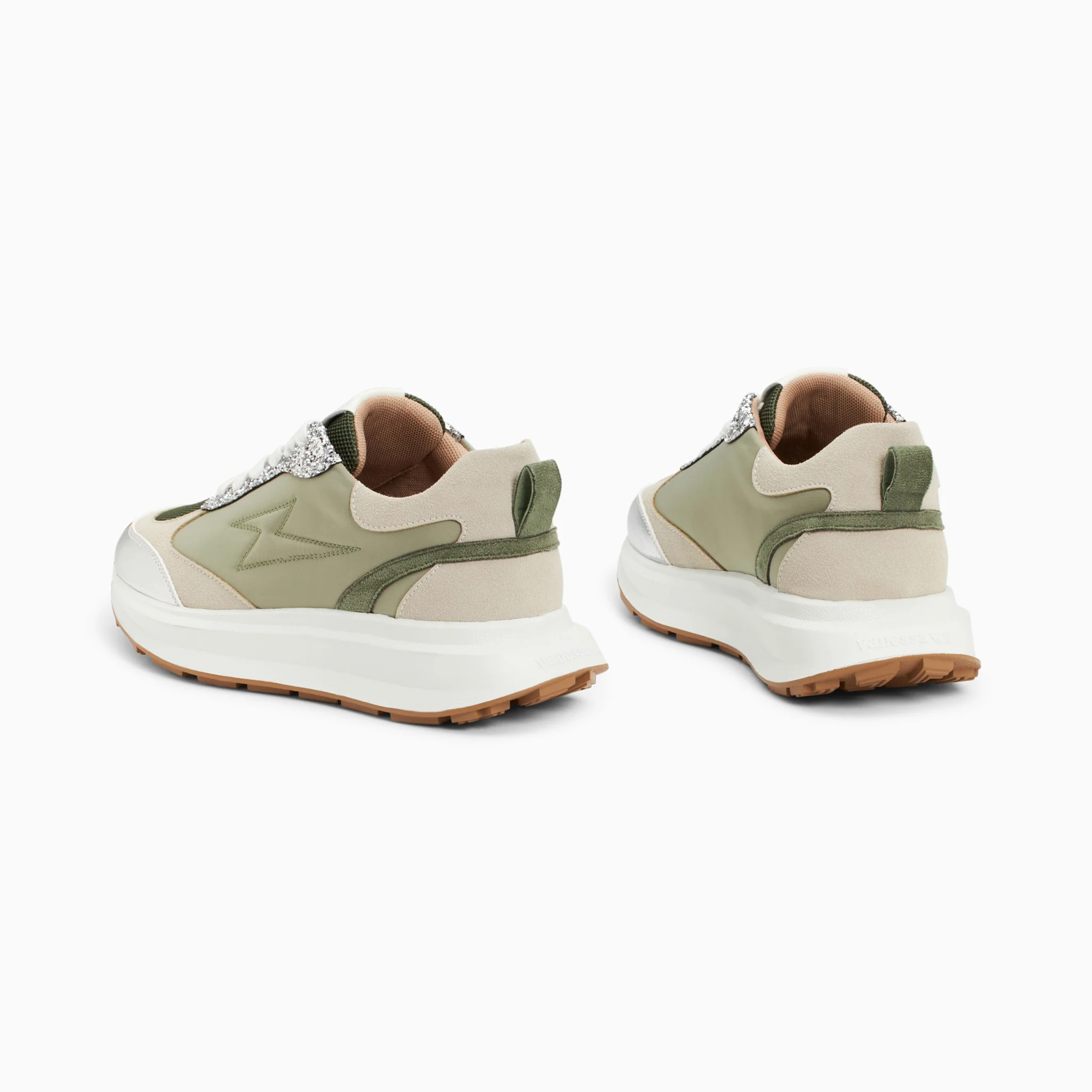 Sneakers-Baskets éclair Esther kaki et argent à semelle oversize