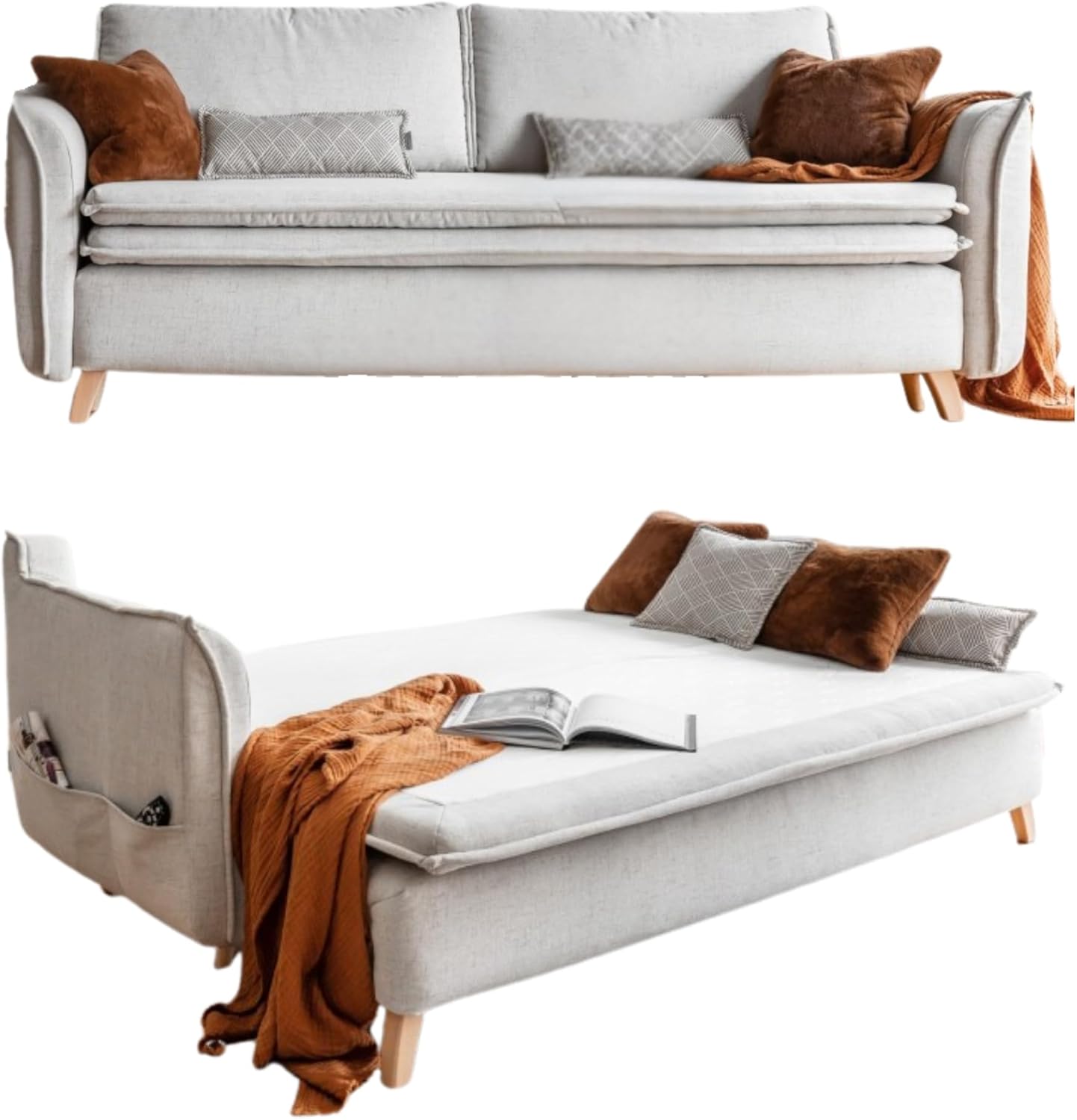 MIUFORM Charming Charlie Slim mit Bettkasten und mit Bettfunktion | 3 Sitzer Sofa | 225 x 90 x 85cm | Klappsofa mit Schlaffunktion | Schlafsofa klappbar (Beige)
