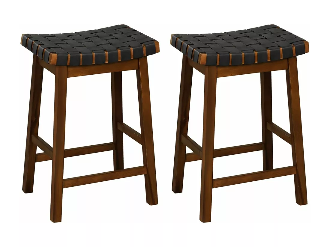 Tabouret de Bar Lot de 2 en Bois Massif, Siège Tissés de Sangles en Simili Cuir, Hauteur d’Assise 65cm, Charge Max 150kg