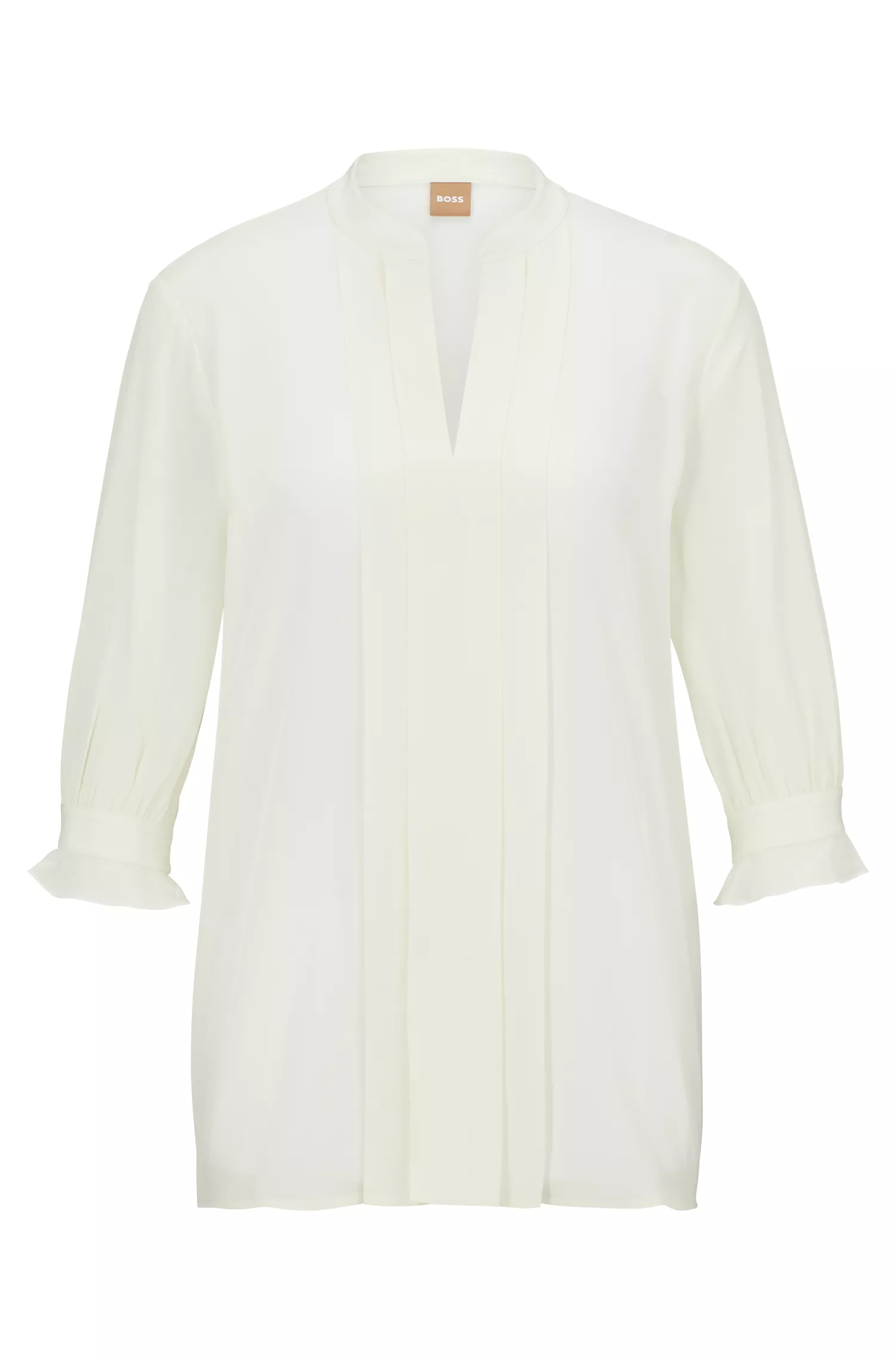 Blusa BOSS preta de corte regular em pura seda com pregas frontais.