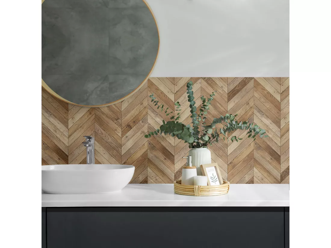 Panneaux muraux autocollants en vinyle imperméable - 4 x 50 x 50 cm - Motif à chevrons en bois