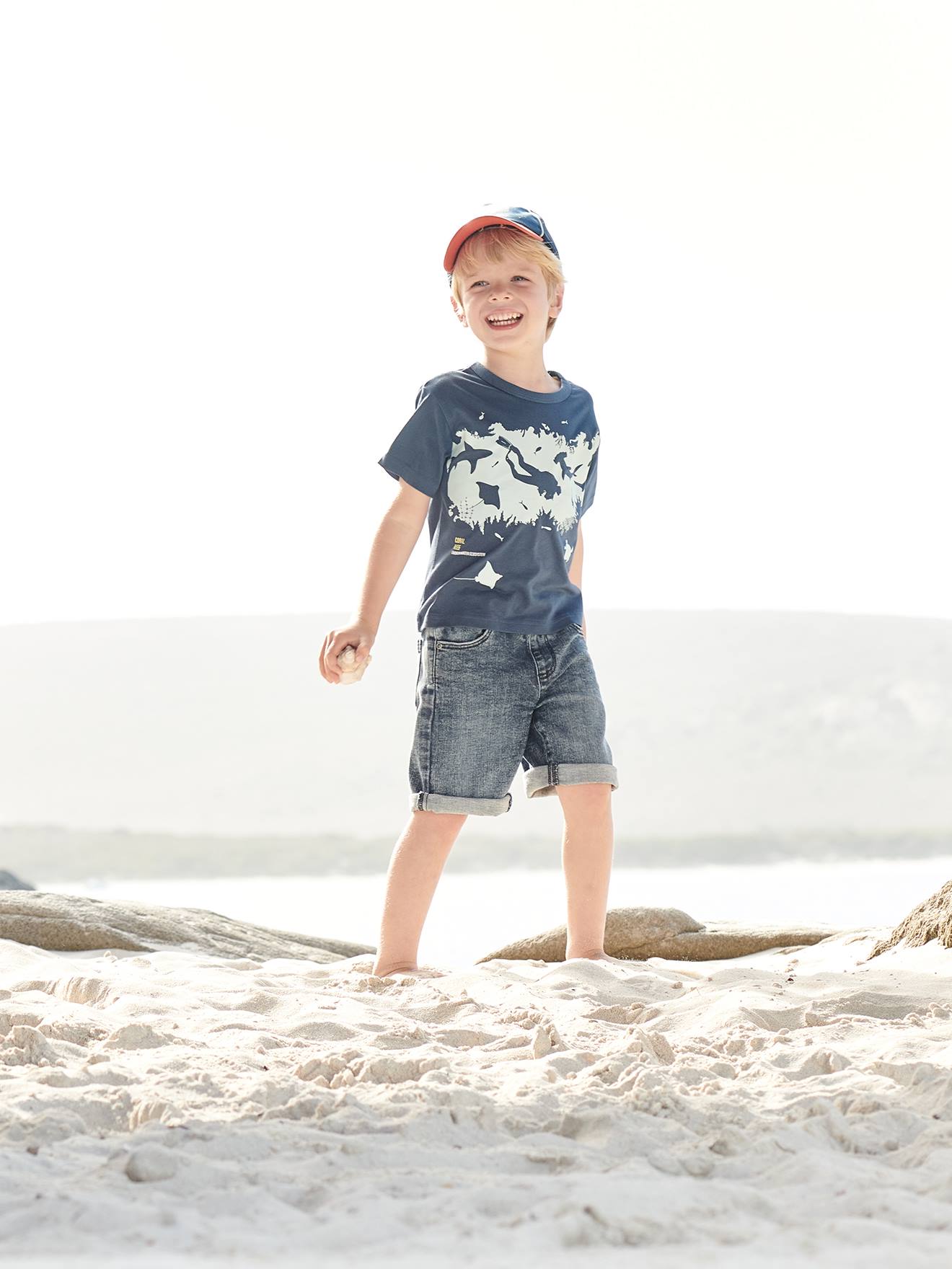 Bermuda de moletom com efeito jeans para meninos, lavagem azul escura