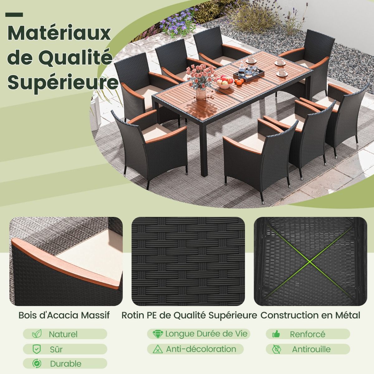Salon de Jardin en Rotin 9 Pièces Plateau de Table en Acacia Ensemble de Salle à Manger avec Coussins Amovibles Trou Charge 180KG Beige+Noir - Lidl-Manfred