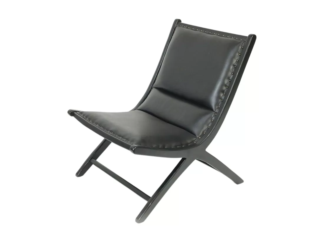 Safran - Fauteuil lounge en teck et cuir noir