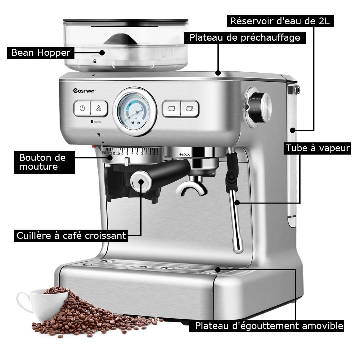Machine à Café Automatique avec Broyeur à Grains 1350W 30 Niveaux de Poudre de Café Réglables Température Réglable - Lidl-Manfred