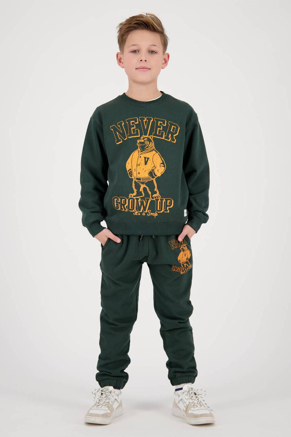 Vingino sweater Nolom met printopdruk donkergroen/geel