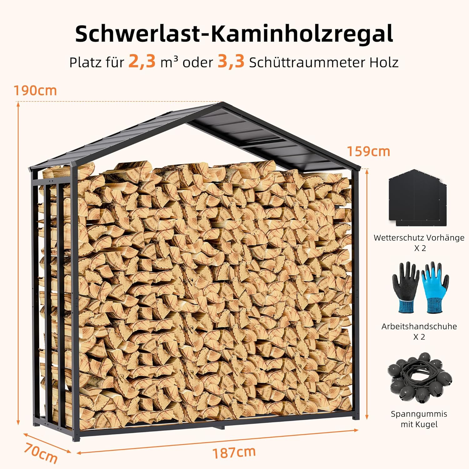 Amopatio Kaminholzregal aussen XXL – 187x70x190cm, Brennholzregal außen mit Abdeckung 3,3 SRM / 2,3m³, Metall Holzstapelhilfe, Stahlrahmen & Metalldach, Garten Holzlager, Holzunterstand, Anthrazit