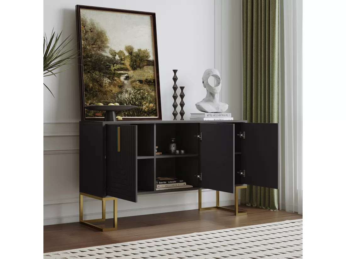 Commode buffet haut avec 3 portes noir mat motif de forme U H81/B138/T40 CRUUGREN BLACK