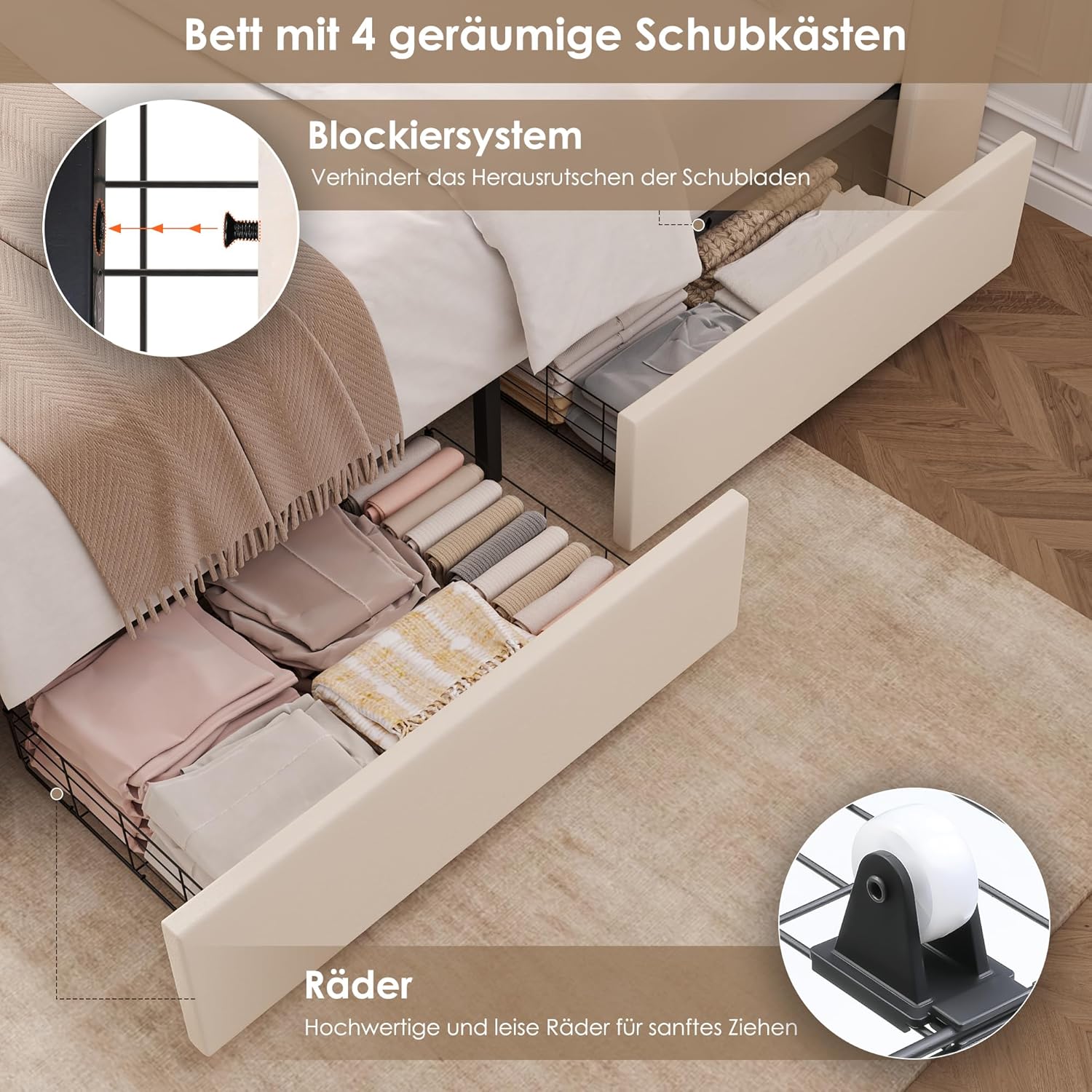 FOREHILL Polsterbett 140x200 Bettgestell mit Stauraum, LED Beleuchtung, Ladestation, Bett Jugendbett mit 4 Schubladen, Kopfteil, Lattenrost, Samt weiß