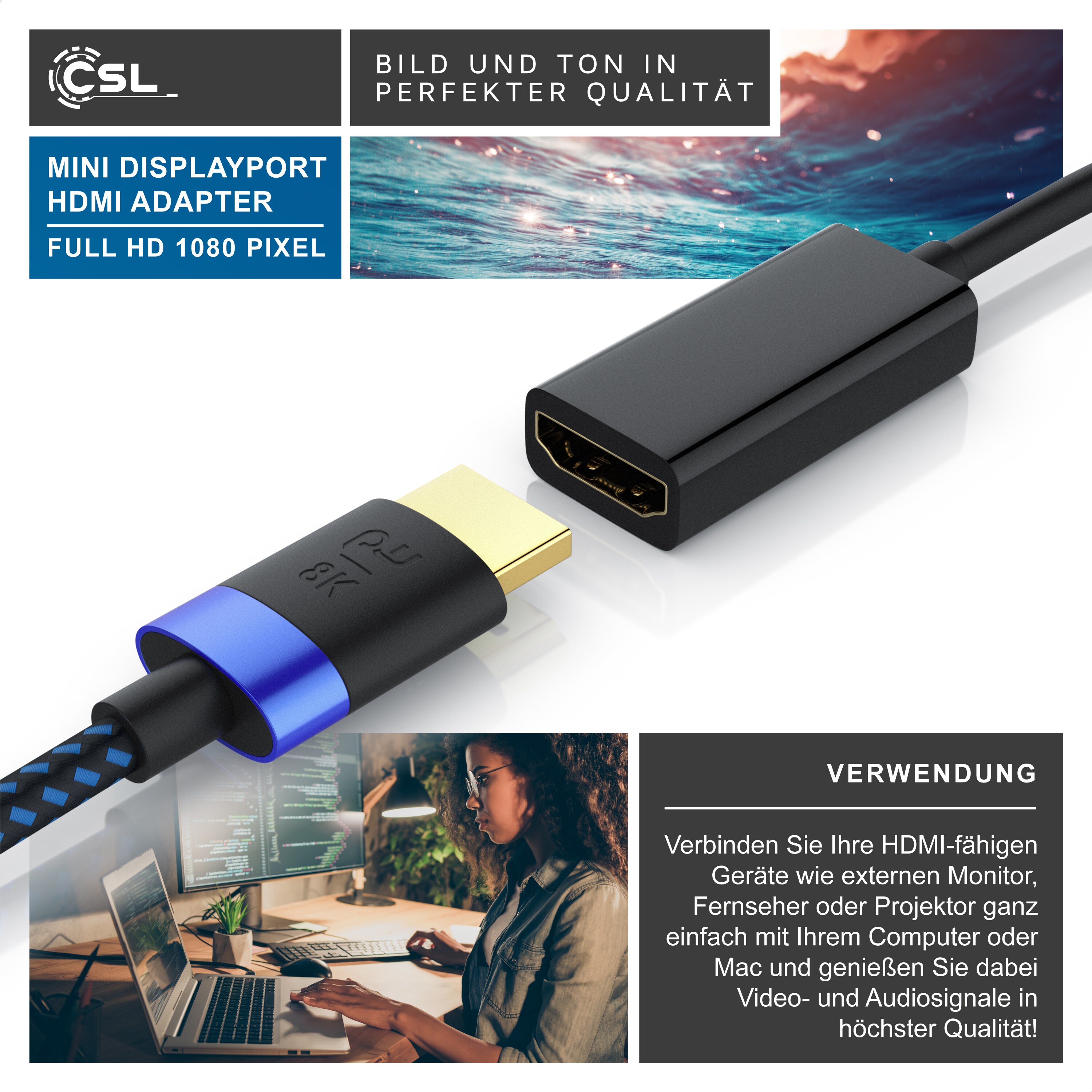 CSL Mini DisplayPort zu HDMI Adapter, Full HD MiniDP zu HDMI Buchse Konverter / Adapterkabe