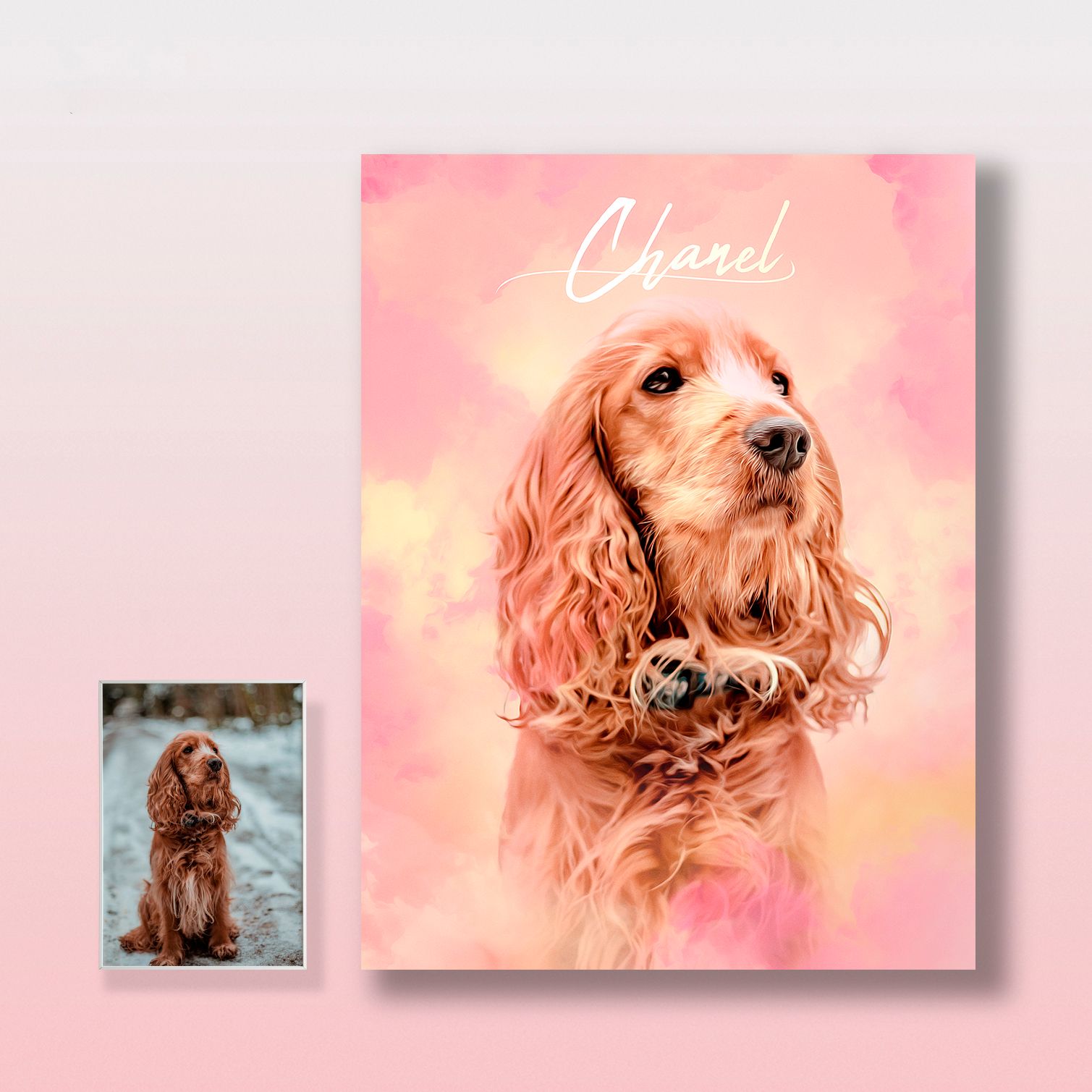 Pôster personalizado com retrato do seu pet, cor rosa nuvem, para decoração de casa.