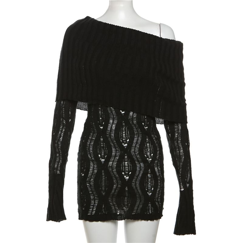 Sheparon - Kabelgebreide off-shoulder effen mini-truijurk