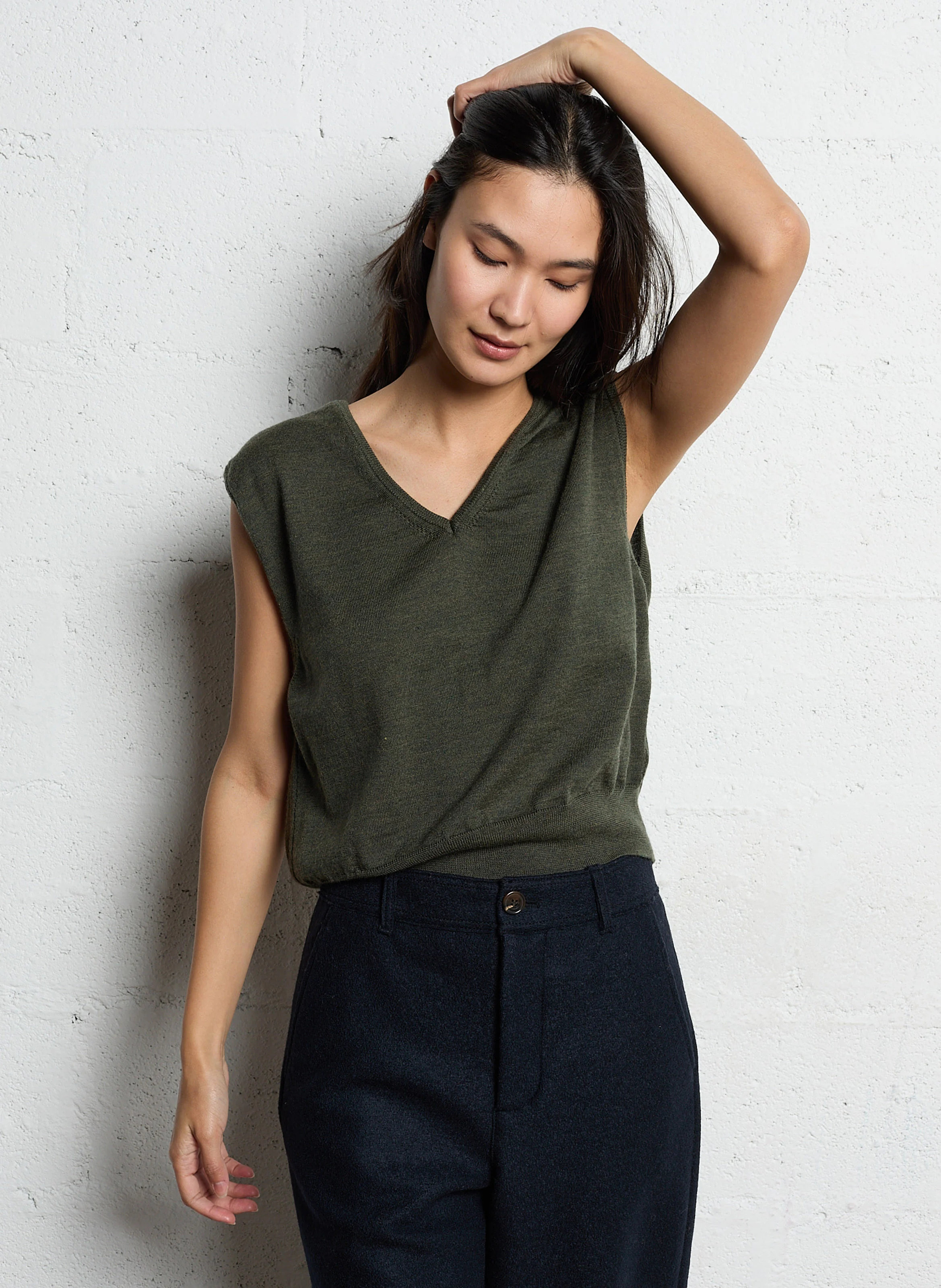 SONIA - Pull col V en laine | Kaki
