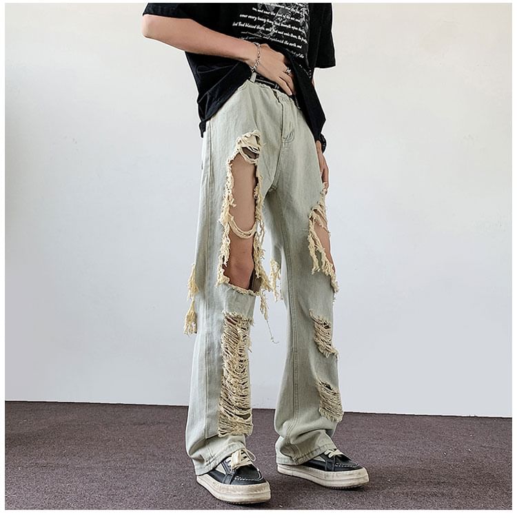 Phoneus - Low Rise Cutout Washed Distressed Loose Fit Jeans