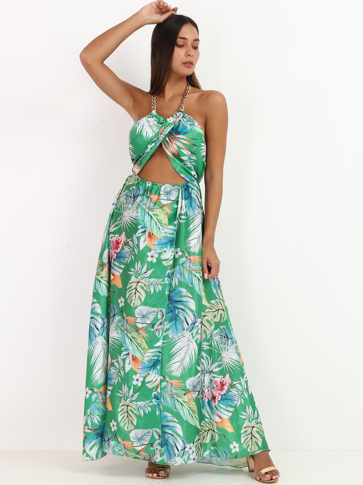 Robe ajourée à chaîne et imprimé tropical- Vert