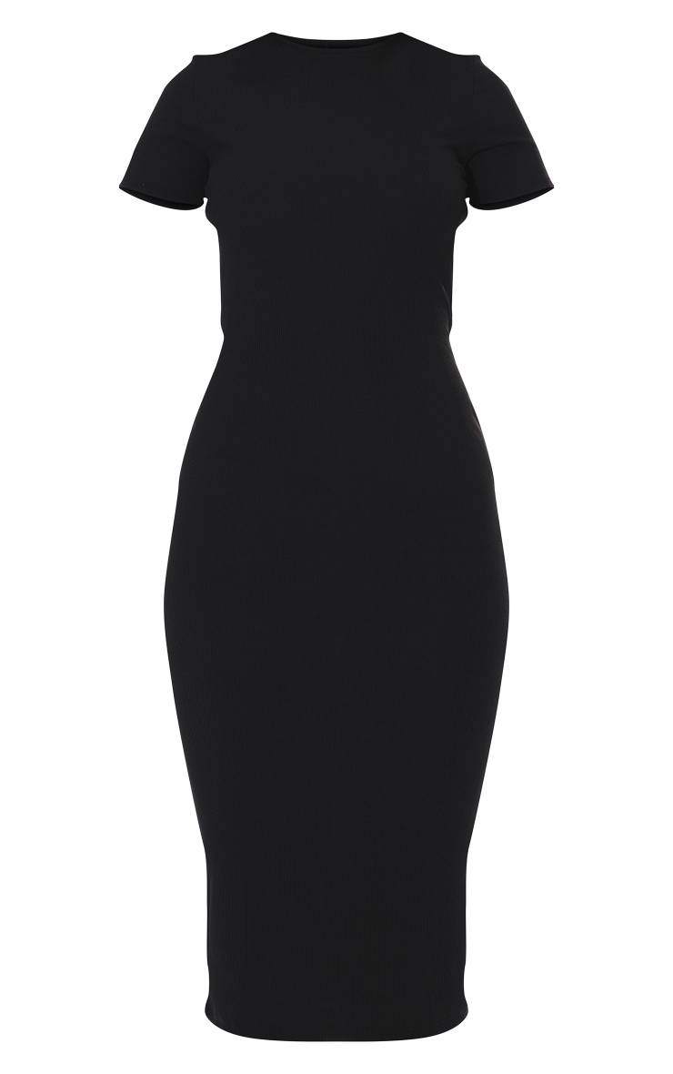 Noir Robe Midi Côtelée À Col Rond Et Manches Courtes