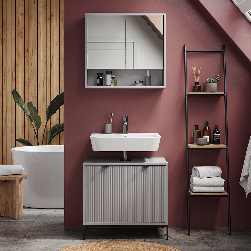 Vicco Badmöbel-Set Eliza, Grau, Badezimmer, moderne Badserie, extravagante Fronten, Waschtischunterschrank, Spiegelschrank