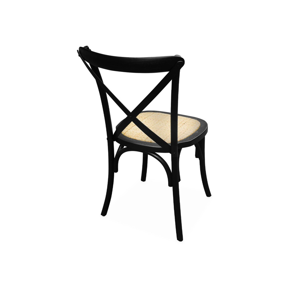 Lot de 2 chaises de bistrot en bois d'hévéa noir. Vintage. Assise en rotin. Empilables