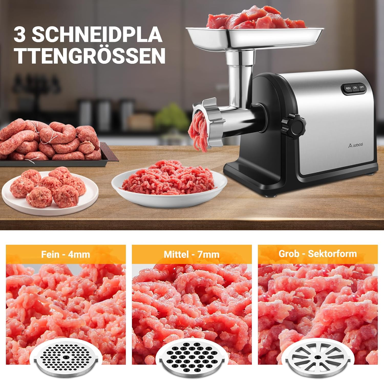 AOBOSI 3-In-1 Fleischwolf Elektrisch Mit 3 Edelstahl-Schleifplatten,1 Kubbe & 3 Wurstfüllrohren, [3000w Max |Size #10 ] Für Fleisch, Fleischwurst. Fleischwolf Edelstahl Mit Klingen.