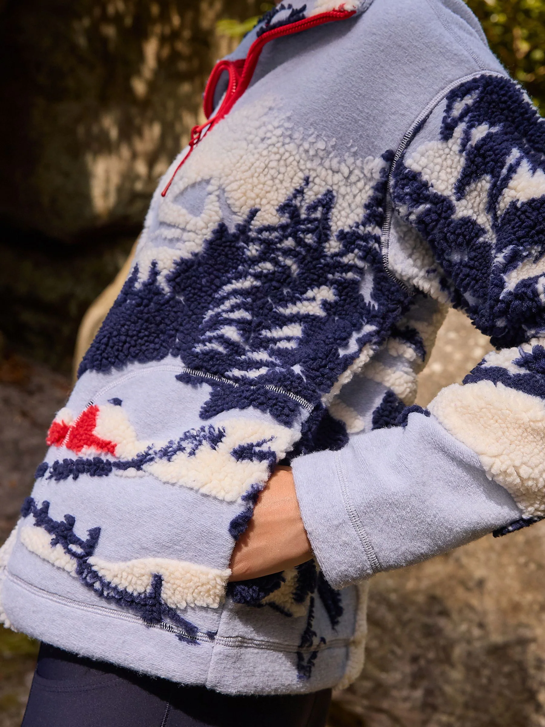 Blauwe grafische winterlandschap - Soft Touch Knusse Teddy Borg Kwartrondrits Fleece