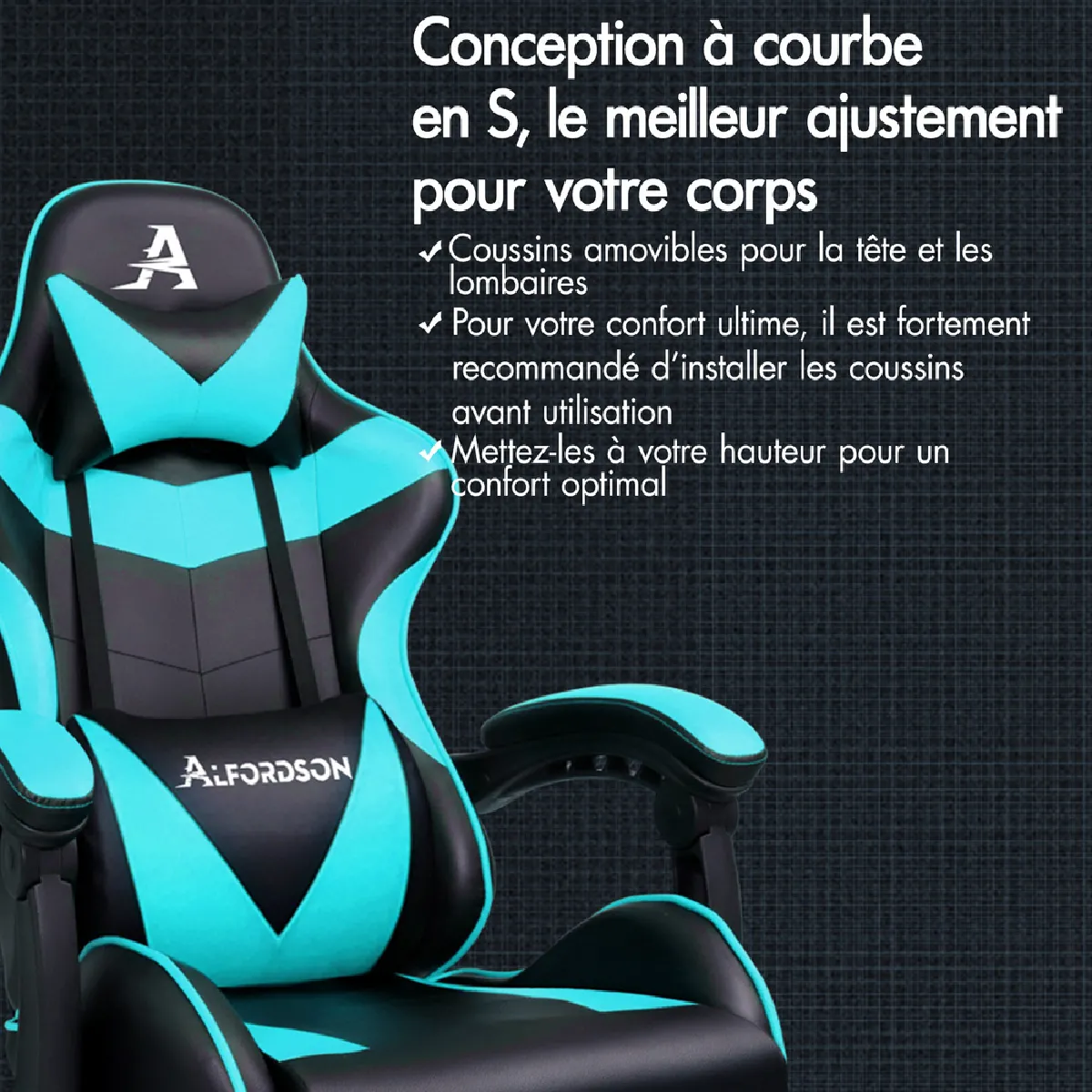 Alfordson Chaise Gaming - Cyan/Noir