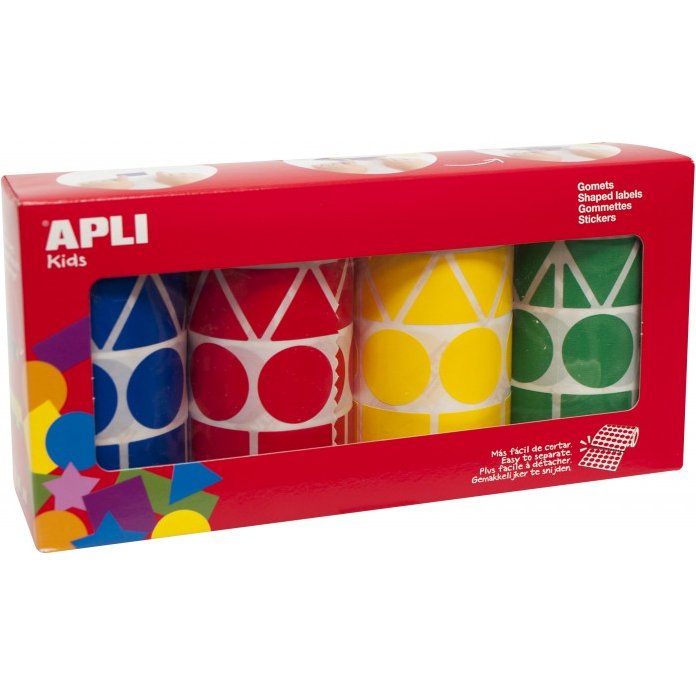 Lot de 4 rouleaux de gommettes motifs et couleur assortis : carré, triangle, rectangle, rond