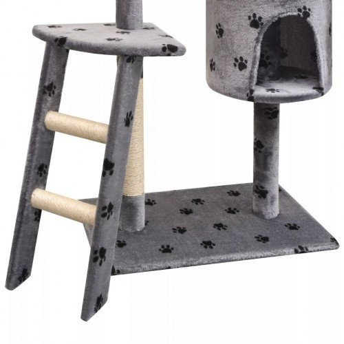 Arranhador para gatos, cinza, com pegadas de patas.