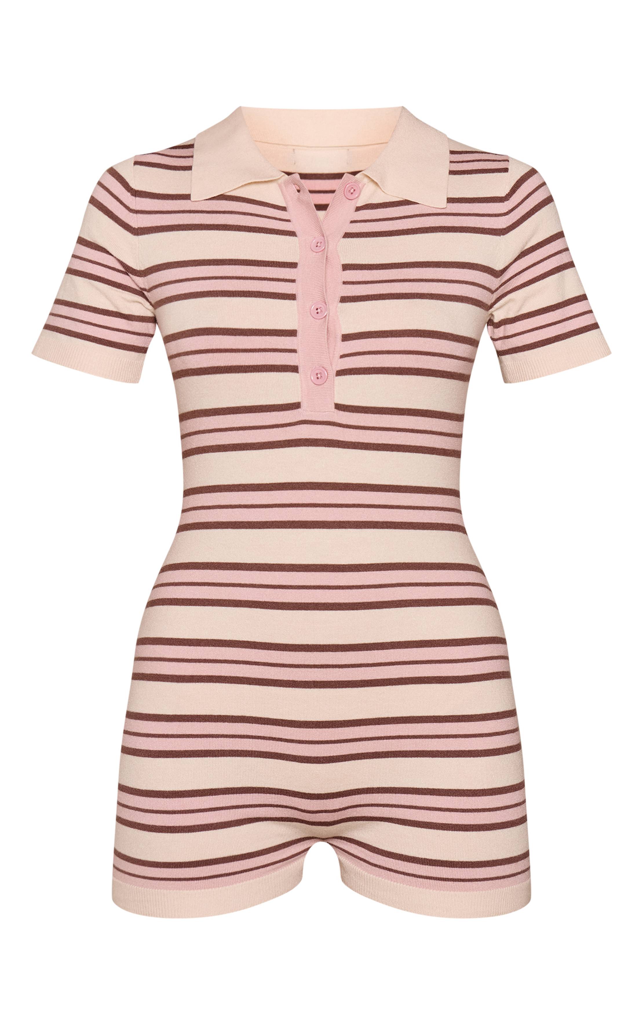 Rose Combi-short À Manches Courtes En Maille Rayée