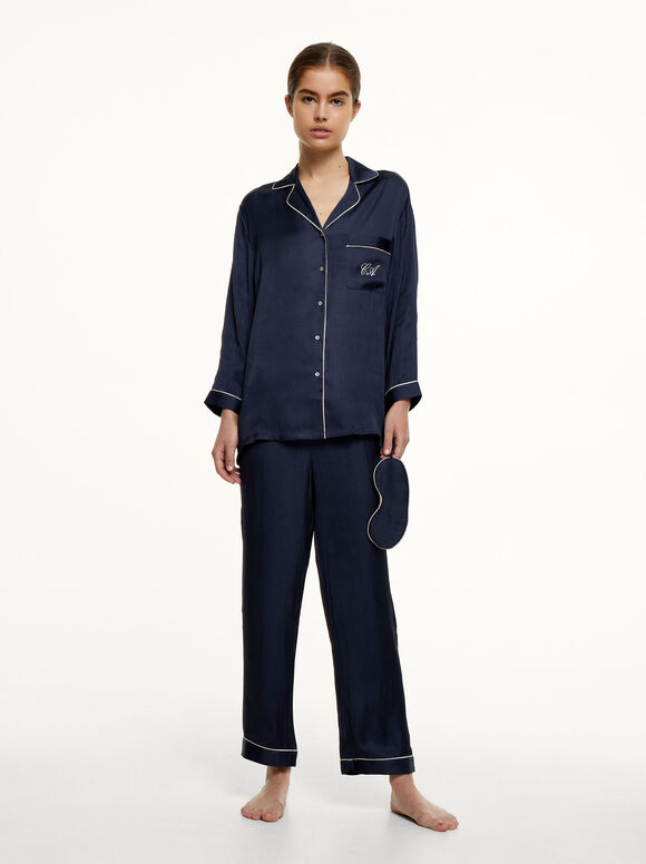 Conjunto de pijama personalizável com máscara para os olhos - Azul Marinho