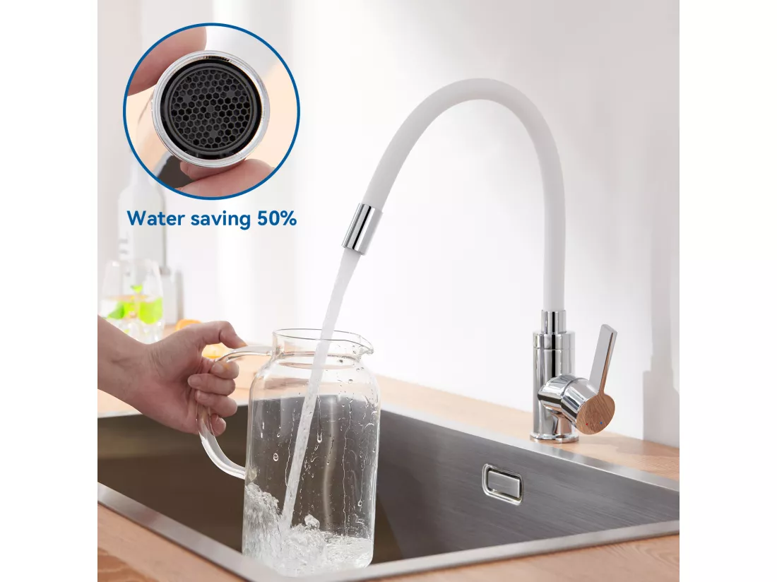 Mitigeur Cuisine AuraLum Max Blanc Flexible Bec Haut Orientable Librement Robinet Évier Laiton Robinet Evier Monotrou à Eau Chaude/ Froide,EU Modèle