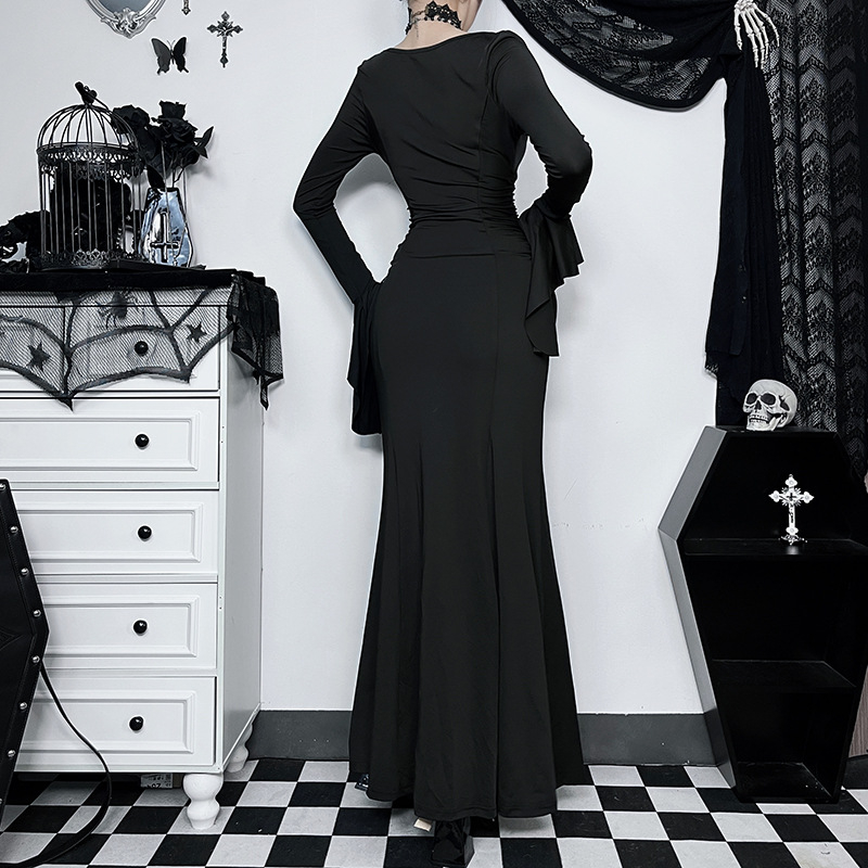 (170cm) Fasnachts Erwachsenen Kostüm Bodenlanges Vampir Kleid Morticia Addams Verkleidung für Motto Partys / Halloween - Schwarz