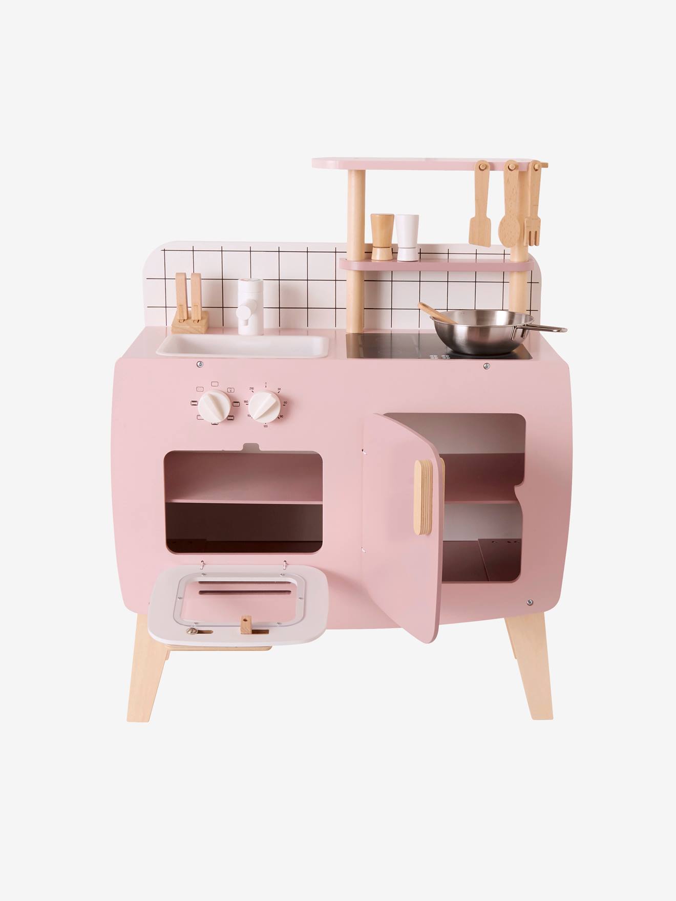 Cozinha de brinquedo de design, feita de madeira cor caramelo com certificação FSC®.