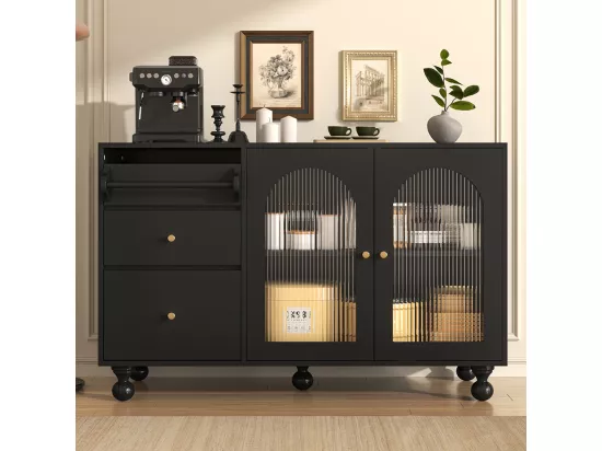 Buffet de salle à manger noir avec longues portes en verre arc-en-ciel et porte-serviettes design, meuble moderne multifonctionnel