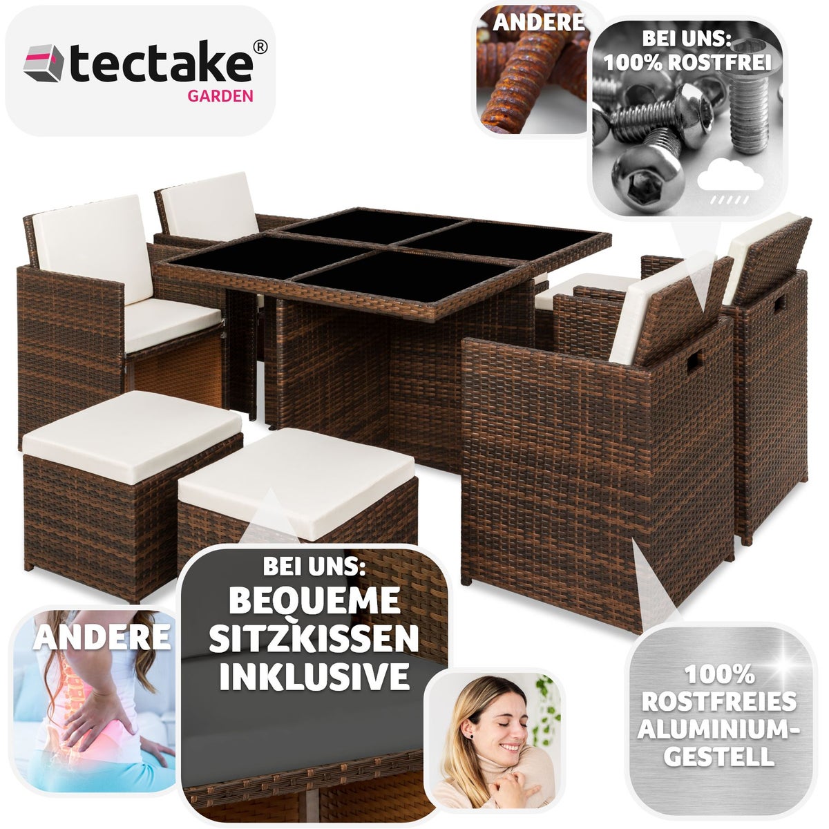 tectake Manhattan rotan zitgroep met aluminium frame, 2 sets hoezen, inklapbaar, inclusief beschermhoes