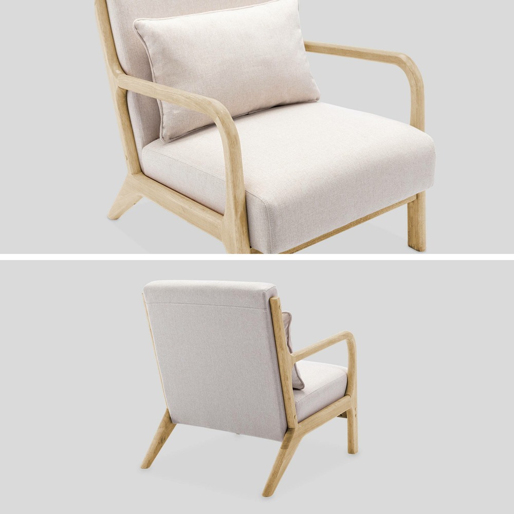 Fauteuil design en bois et tissu. 1 place droit fixe. Pieds compas scandinave. Structure en bois solide. Assise confortable beige
