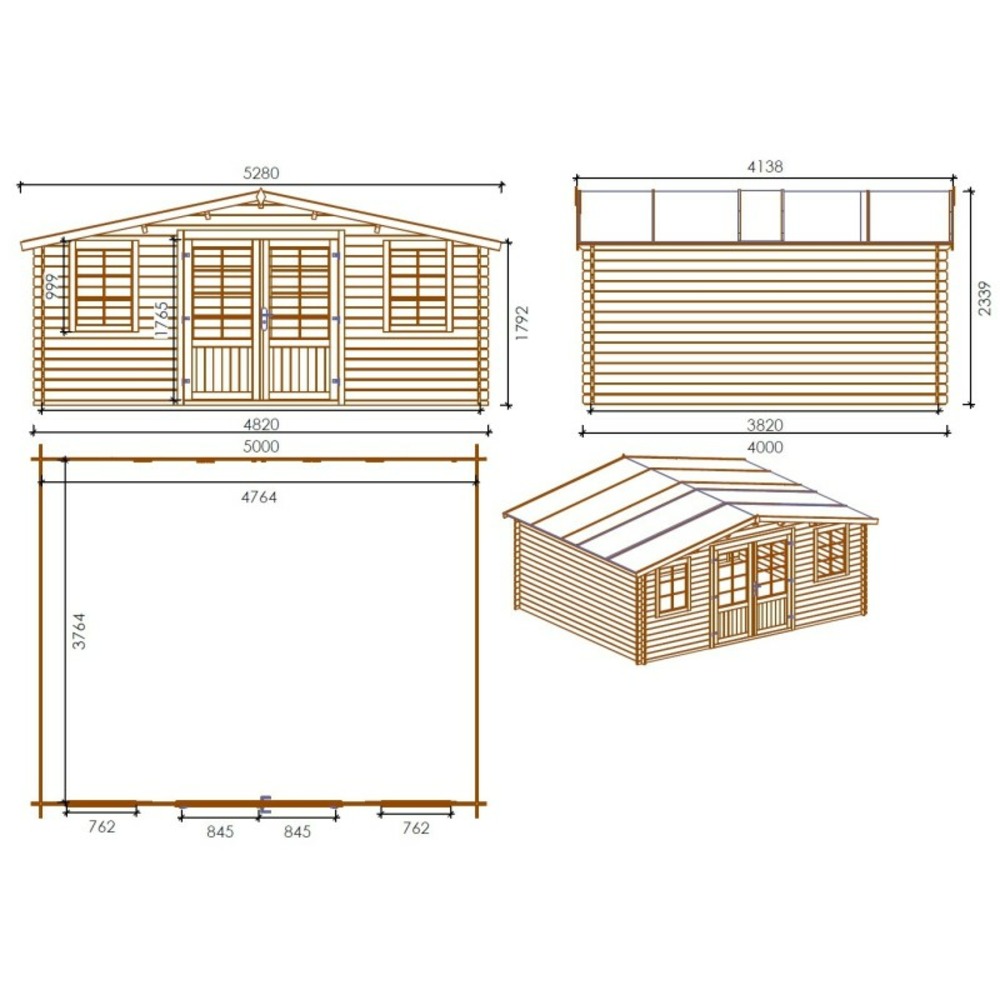 Abri de jardin en bois - 5x4 m - 30 m2 + terrasse avec balustrade et avant-toit en bois