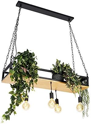QAZQA - Industrie I Vintage I Industrie I Vintage I Hängelampe I Pendellampe I Pendelleuchte schwarz mit Holz 5-flammig-Licht - Regal I Wohnzimmer I Schlafzimmer - Rechteckig I Länglich - LED geeignet