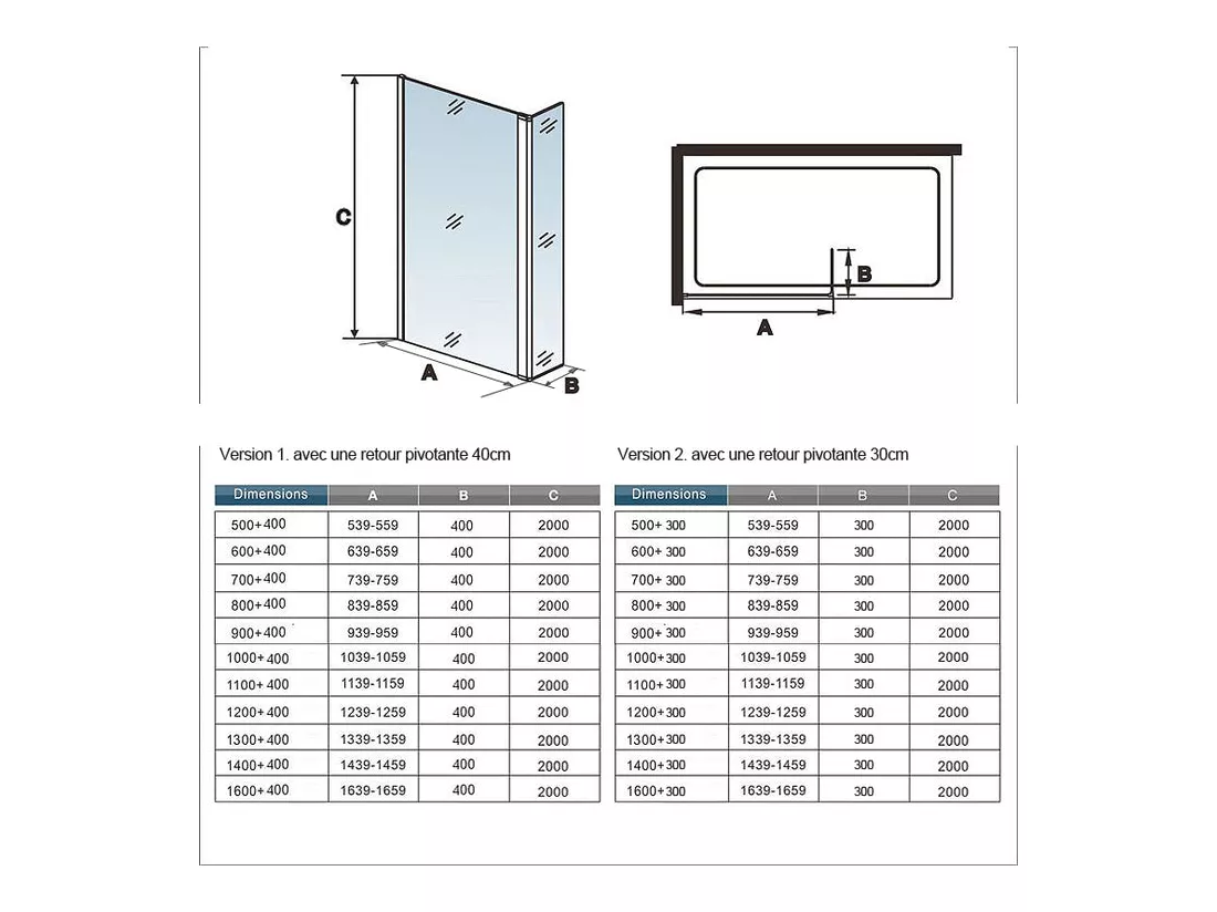 Paroi de douche à l'italienne avec retour pivotant 50+40x200cm avec barre de fixation 90cm recoupable - Noir Mat - 8mm verre anticalcaire