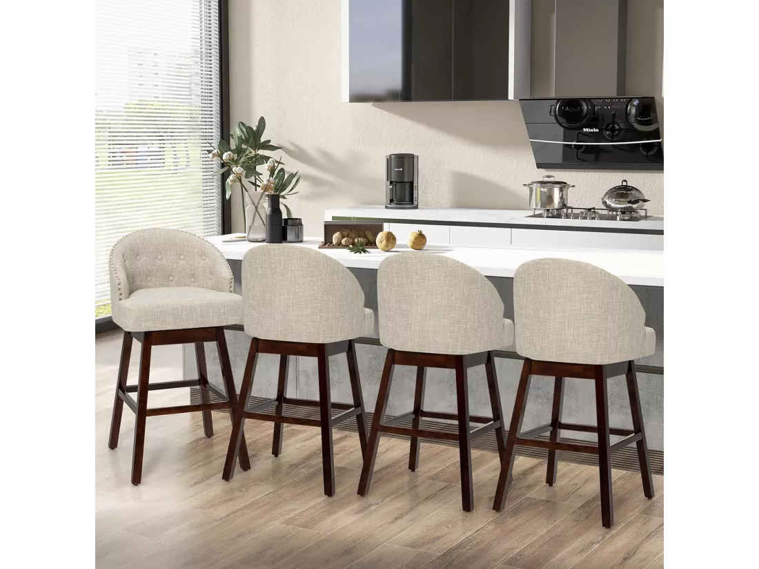 Chaise de Bar Pivotante (Lot de 2), Rembourré en Éponge, Pieds en Bois d'Hévéa (Beige)
