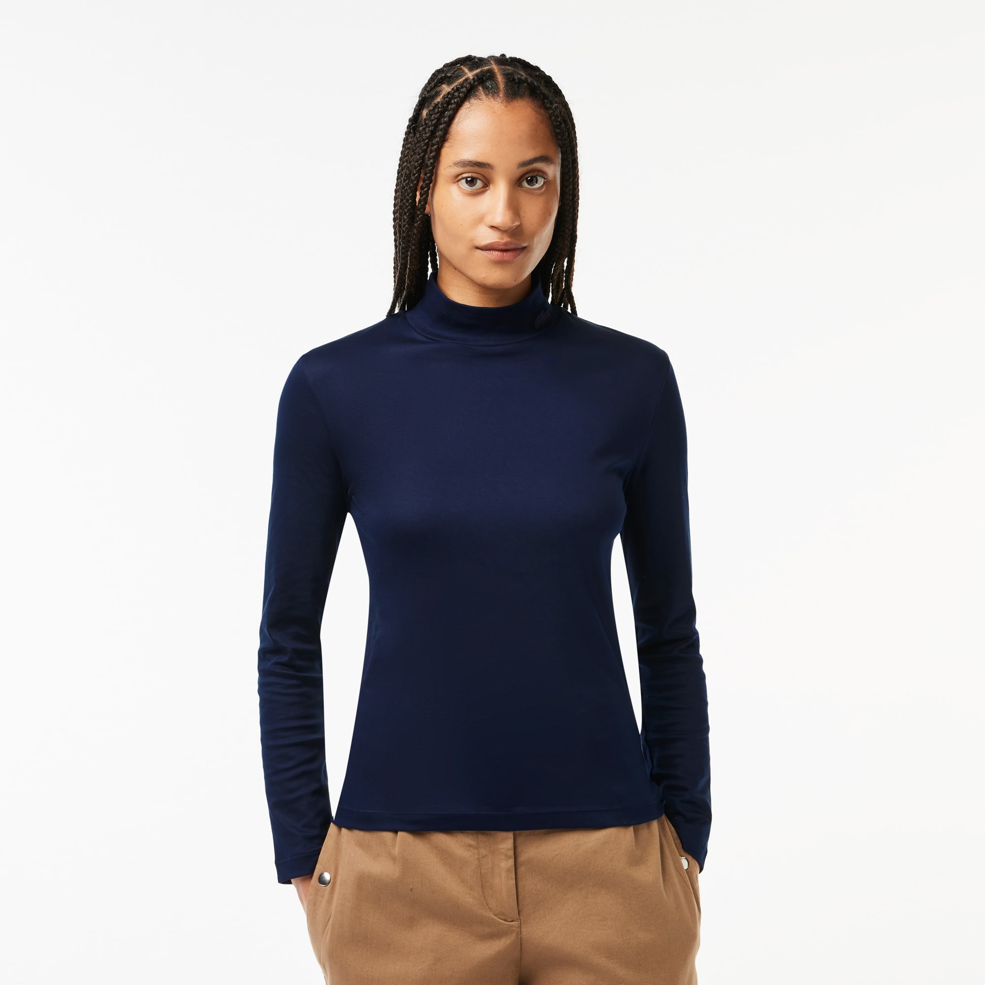 Col roulé à manches longues en coton uni T-Shirts - Bleu - Lacoste - Femme