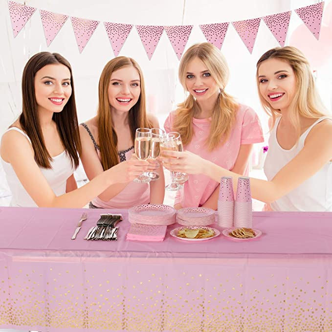 (270x135cm) Deko Tischdecke Party Dekoration Tisch Tuch Punkte Design - Rosa / Gold