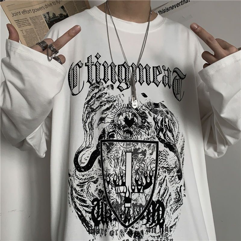 Macho - Oversized T-shirt met lange mouwen, ronde hals en grafische print