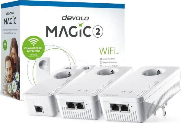 Devolo MAGIC 2 WiFi next Multiroom Kit, 2400 Mbit/s, IEEE 802.2x, IEEE 802.3ab, IEEE 802.3az, IEEE 802.3u, Gigabit Ethernet, 10,100,1000 Mbit/s, Wi-Fi 5 (802.11ac), 802.11a, 802.11b, 802.11g, Wi-Fi 4 (802.11n), Wi-Fi 5 (802.11ac)