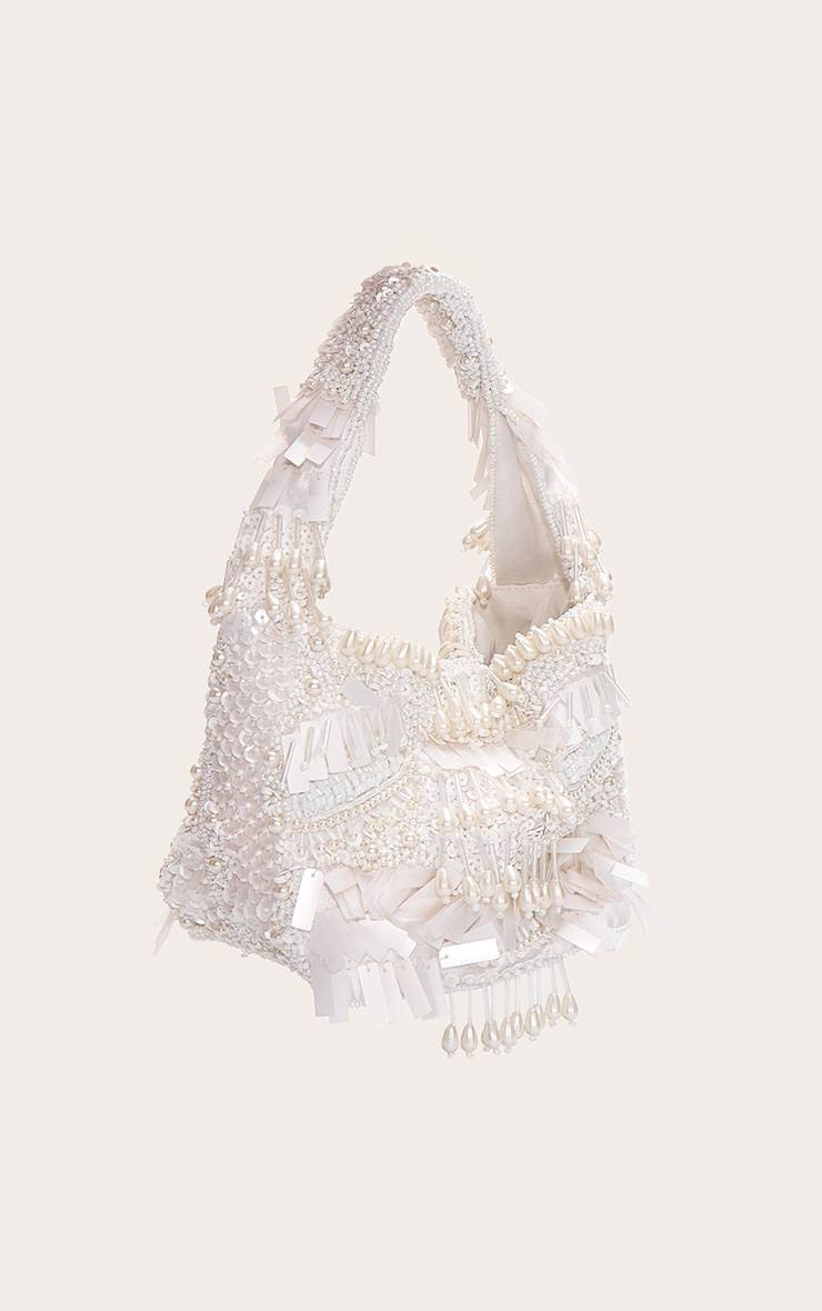 Crème Sac Orné De Perles Et Sequins