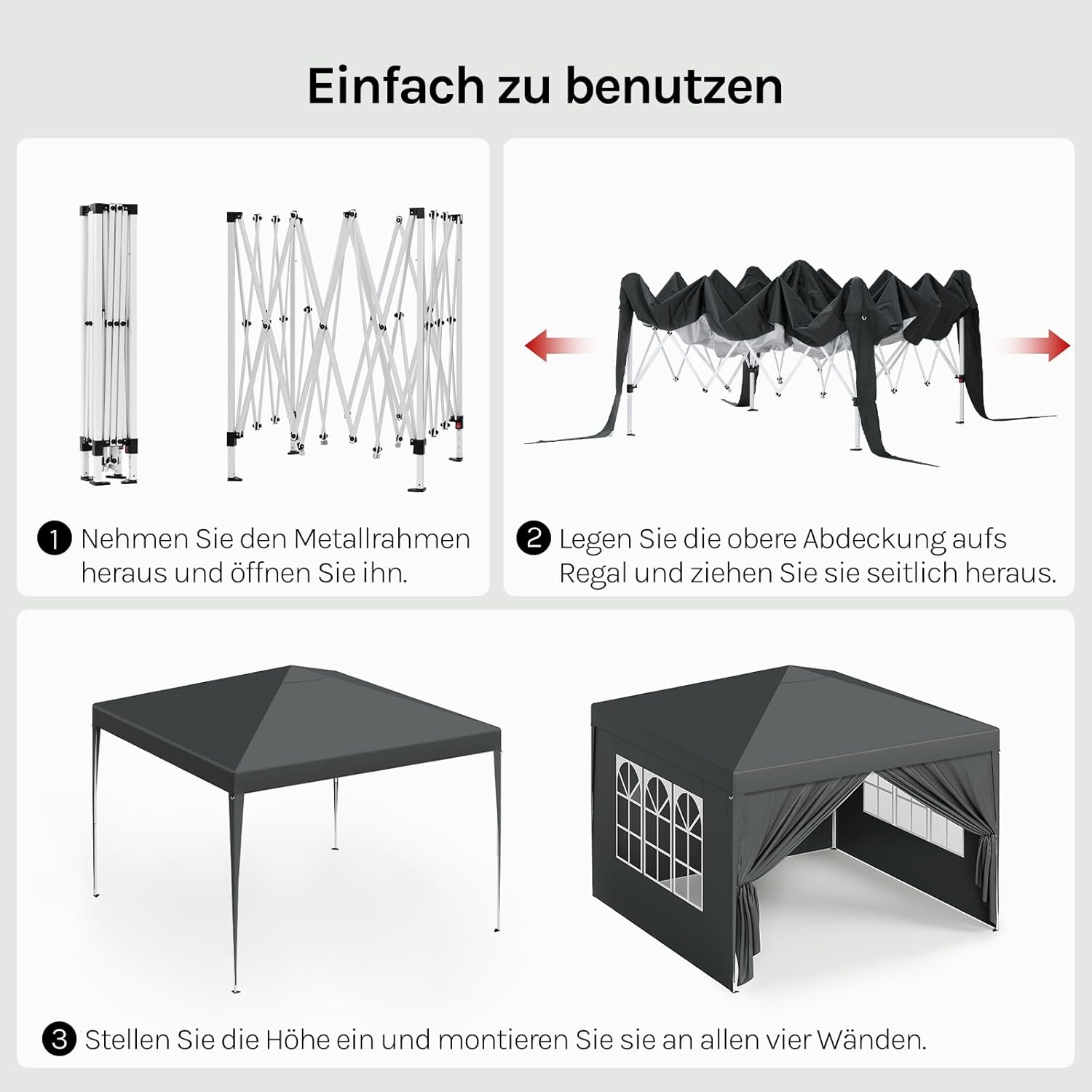 WOLTU Pop-Up wasserdichter Faltpavillon Sonnenschutz Event Pavillon mit Seitenwänden Gartenpavillon auf Terrasse Camping Festival Pagodenzelt aus Oxford Metallrahmen 3 x 3 m Anthrazit