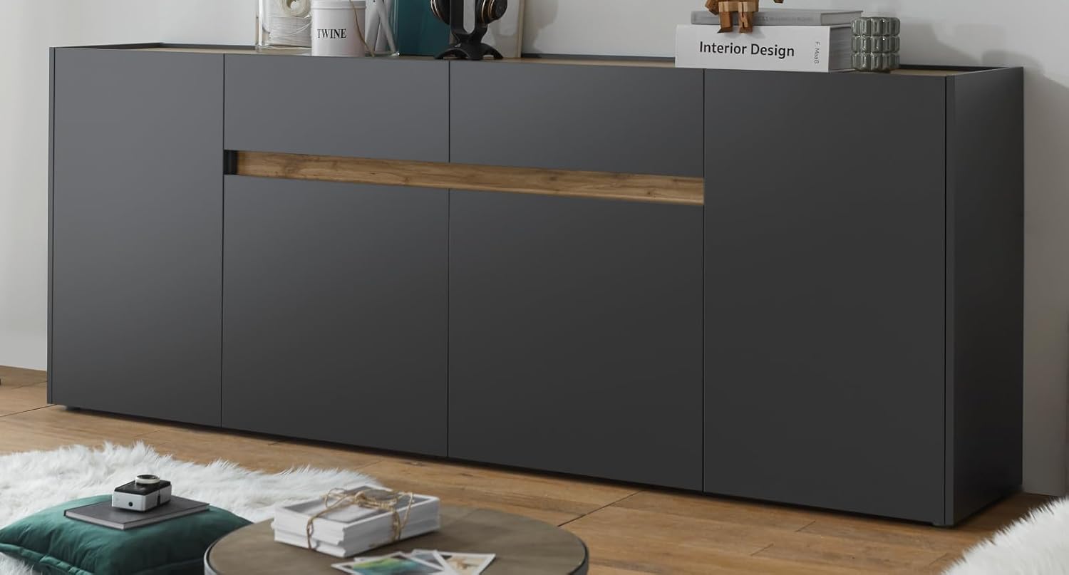 Sideboard Kommode in Eiche Wotan Holz und grau matt modern Wohnzimmer Esszimmer Schrank viel Stauraum 220 x 87cm Center (Kommode)