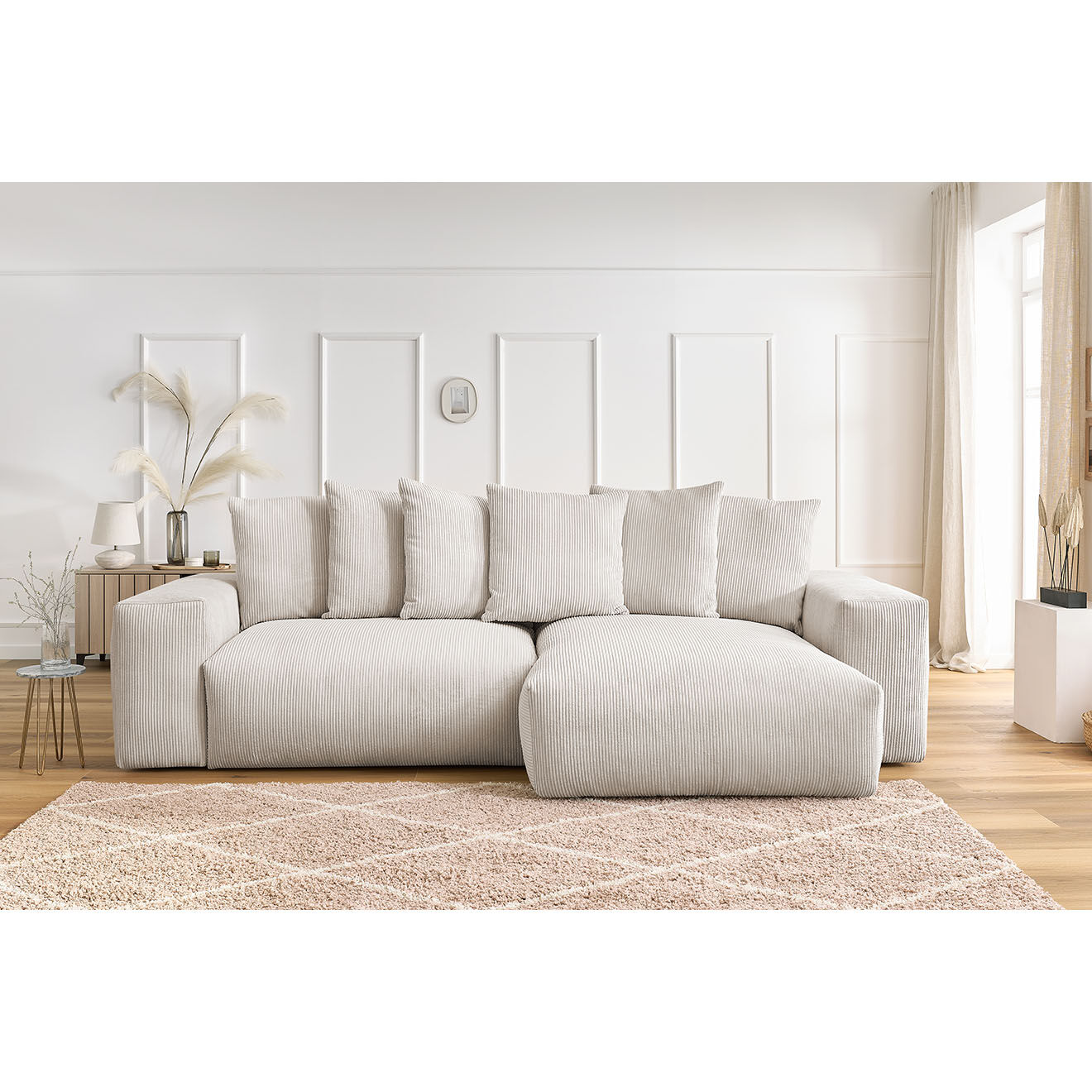Bobochic Canapé d'angle réversible ultra moelleux voltaire velours côtelé beige - 310x174x75 cm