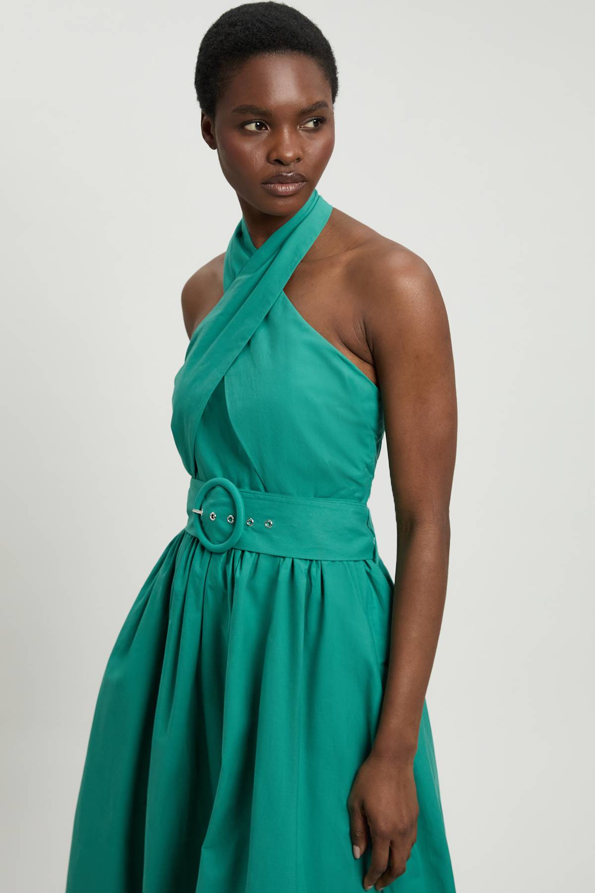 KarenMillen Robe Midi Tissée En Popeline De Coton Avec Encolure Licou Croisée